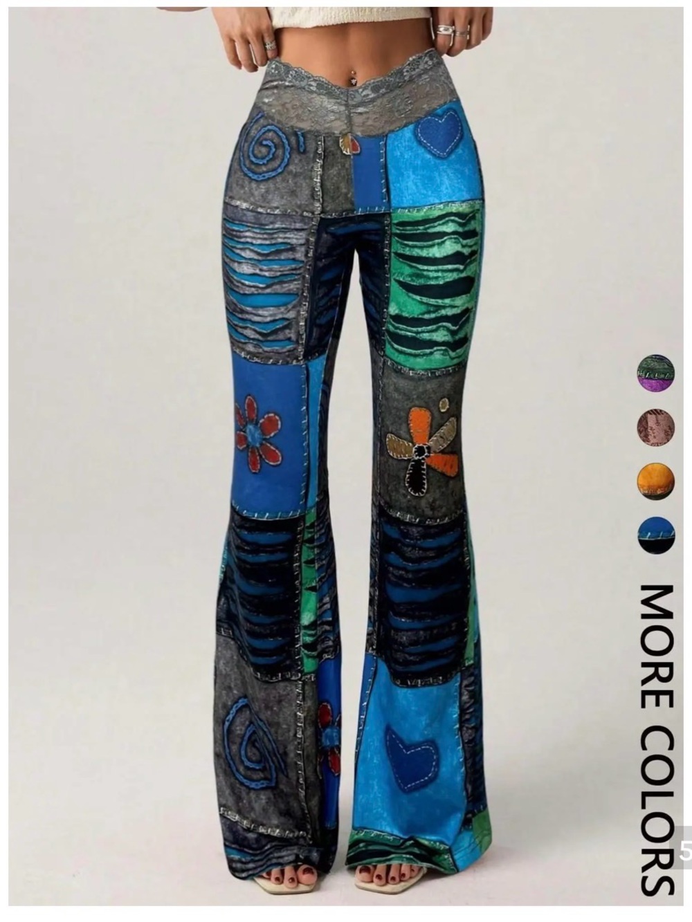 Multicolor Patchwork Lace Waist Yoga Athleisure Wide Hem Pants M NIP